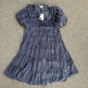 Stellah Ruffled Tiered Mini Dress with Balloon Short Sleeves, Navy, Size XS